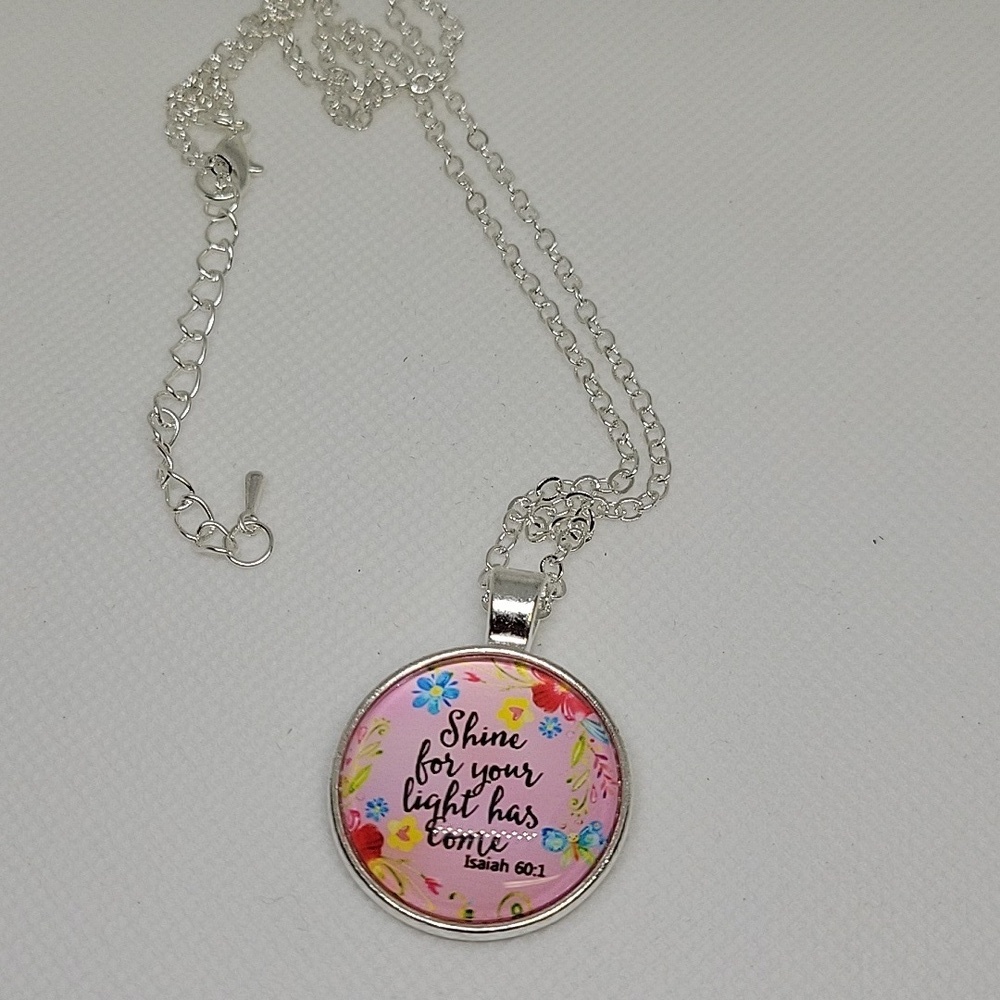 Cabochon 1" Silver Tone 18" + 2" Silver Tone Necklace Shine For Your Light Has